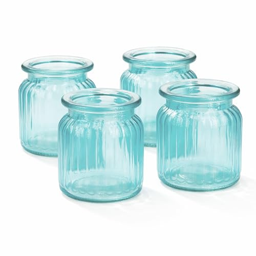 Windlicht Glas 8x9cm Set 4 Stück Windlichtglas Teelichthalter Teelichtgläser kleine Vasen türkis