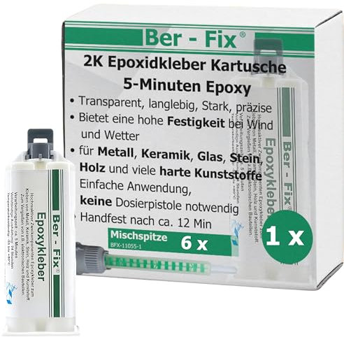 Ber-Fix 2K Epoxidharz Kleber 30 Min – Starker 2-Komponenten-Kleber für Kunststoff, Metall, Holz, Glas, Stein, Beton 50g Kartusche + 5 Spitzen