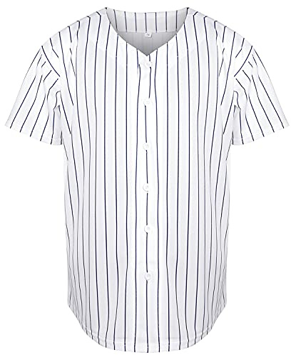 Blank Plain Hip Hop Hipster Baseball Jersey Button Down Shirts Sports Uniforms Men Women Jersey (White-Stripe, Small)