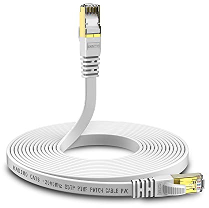 KASIMO Câble Ethernet Cat 8 Plat, Câble RJ45 Avec Connecteurs Plaqués Or – Cable Réseau LAN Haut Débit 40 Gb/s - 2000 MHz – 1m Blanc