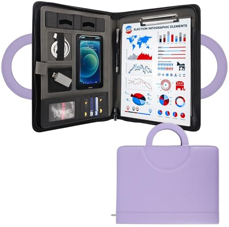 GraduatePro Schreibmappe A4 Leder Dokumentenmappe Business Tablet Mappe Ordner Klemmbrettmappe mit Deckel Organizer Reißverschluss Portfolio Lila