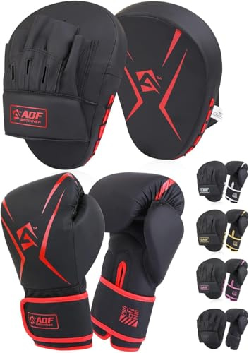 AQF Boxing Gloves and Pads - Adults & Kids Boxing-Set for Kickboxing & MMA Muay Thai Punching Glove with Curved Focus Pads for Martial Arts Training (Red, 14oz)