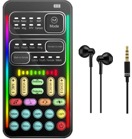sktome Portable Voice Changer, 2rd Generation i9 Live Sound Card, Cool Lights Sound Board - Voice Disguiser/Modulator for PS4/PS5/Xbox One/PC/Phone/Laptops with Adjustable Voice Functions