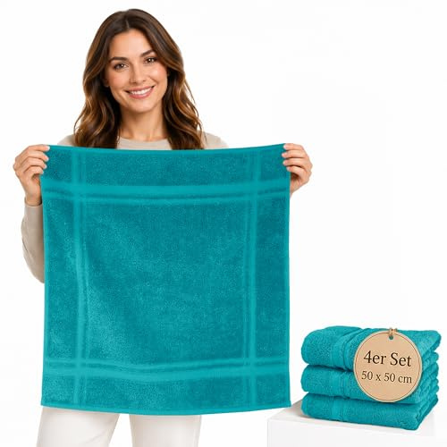 Lashuma Set di 4 strofinacci moderni - canovacci cucina spugna di 100% cotone, Verde nautico, 50 x 50 cm