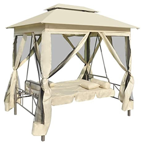 KOIECETA Pavillon Umwandelbare Schaukelbank Gartenschaukel mit Bettfunktion Hollywoodschaukel Hängeschaukel Dach Bettfunktion Gartenmöbel Liege (Cremeweiß)