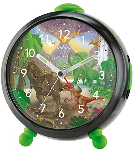 Atrium Kinderwecker Jungen T-Rex Time Dinosaurier Schwarz Grün Analog Quarz ohne Ticken mit Licht und Snooze A932-4
