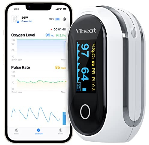 Vibeat Rechargeable Oxygen Meter Finger Pulse Oximeter, Bluetooth Fingertip Blood Oxygen Saturation Monitor with Pulse Rate, Batteries and Lanyard Included, Free APP