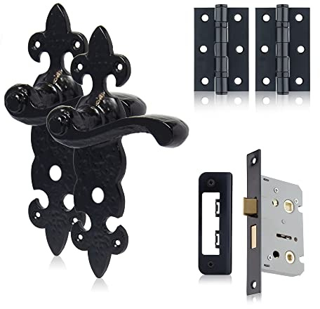 XFORT Smithy's Range Fleur De LYS Lever Bathroom Pack in Black Antique - Complete Set With Handles, 65mm Mortice Lock and 75mm Hinges for Internal Wooden Doors