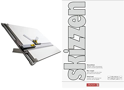 Aristo Zeichenanlage (Format A2, Zeichentisch mit Zeichenmaschine, Plattengröße 60 x 70 cm, verstellbarer Neigungswinkel) grau & Brunnen 1047255 Zeichen-/Skizzenblock (A2, 190 g/m², 50 Blatt)