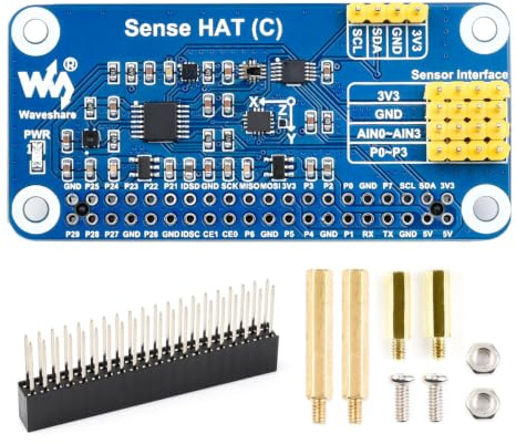 Waveshare Sense HAT (C) for Raspberry Pi Series Board, Supports External Sensors, Communicate via I2C Interface, Onboard Accelerometer, Magnetometer, Barometer, Temperature and Humidity Sensor, etc