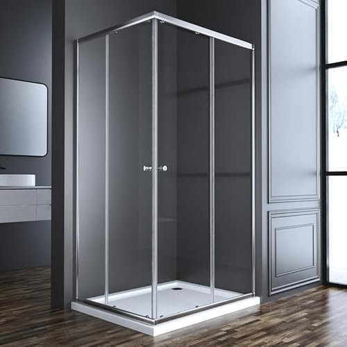 Goezes Duschkabine Eckeinstieg, Duschkabine 90x100cm Eckeinstieg Schiebetür 6mm ESG Glas Duschabtrennung Silber Dusche Duschwand Höhe 185cm, LINKS & RECHTS MONTIERBAR