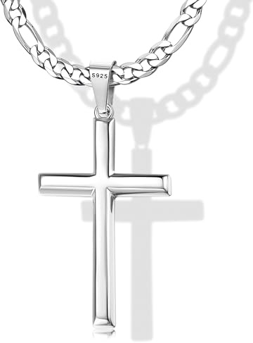 KRFY 925 Collar Colgante Cruz de Plata Esterlina para Hombre Mujer con 5 mm Collar Duradero de Acero Inoxidable con Corte de Diamante Figaro o Cadena18K Colgante Cruzado Chapado en Oro Blanco Collar