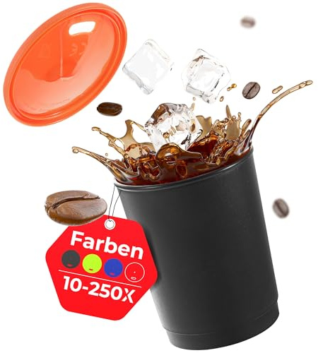 achilles Kaffeebecher mit Deckel, Kunststoffbecher, Mehrwegbecher, Trinkbecher, LFGB geprüft, spülmaschinenfest, stapelbar, 330 ml, Becher schwarz, Deckel orange, 100 Stk.