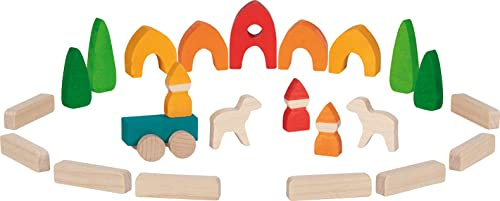 goki 58365 - Mein kleines Dorf - aus hochwertigem Ahornholz - goki Evolution - Bunte Farben auf Wasserbasis - Made in Europa