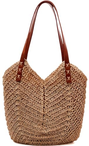 MAMUNU Stroh Strandtasche für Frauen, große Strohtasche mit Reißverschluss, Retro Sommer gewebte Tasche Strand Reise Handtasche, coffee, 37x30x33cm