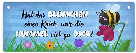 Dicke Hummel auf Blumenwiese Metallschild L in 10,5x28cm mit Spruch