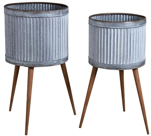 AUBRY GASPARD - Cache-Pots sur Pieds Zigzag en Métal Galvanisé et Bois - Lot de 2 Tailles Différentes - Ø 38 cm x Hauteur 73 cm et Ø 34 cm x Hauteur 68.5 cm - Livré en Kit pour Assemblage Facile