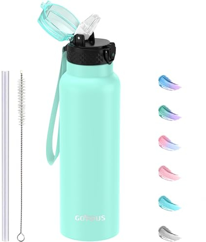 GOPPUS 750ml/26oz Stainless Water Bottle with Straw Double Wall Insulated Bottles with Strap Reusable Vacuum Thermal Flask Leakproof Keep Cold Drinks Bottles with Flip Top Lid for Men Women BPA Free