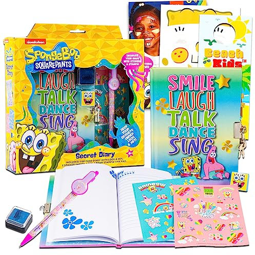 Juego de diario y diario de Bob Esponja para niños, paquete con libro de diario de Bob Esponja con cerradura y llave, bolígrafo, sellador, tatuajes y más | Cuaderno y bolígrafo de Bob Esponja