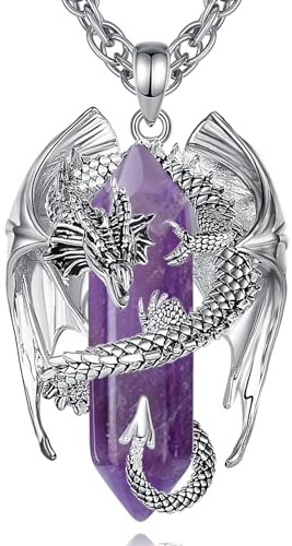 INFUSEU Kristall Drachen Kette, Nordischer Drache Gewickelter Zylinder Edelstein Kristall Anhänger Sechseckiger Heilkristall Anhänger Gothic Naturkristall-Schmuck Geschenk für Männer Frauen