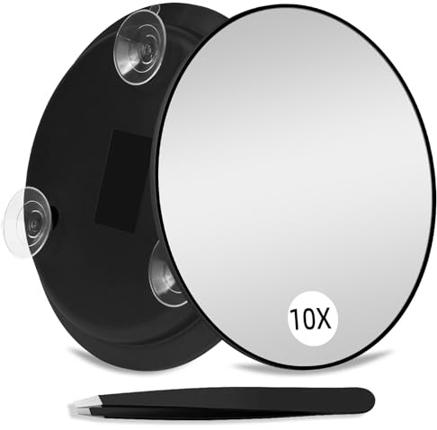 Suupvaor 10X Vergrößerungsspiegel mit 3 Saugnäpfen, großer Spiegel mit 15cm Vergrößerung 10X Runder Reise-Schminkspiegel mit hoher Vergrößerung, Make up Spiegel mit Pinzette Sets