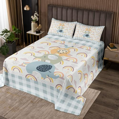 feelingyou Nette Elefant Bettwäsche für Kinder Jungen, Elefant Baby Vögel Coverlet Set Zimmer Bettbezug, Cartoon Sweet Regenbogen Plaid Quilt Set mit 1 Kissen Sham, S Größe