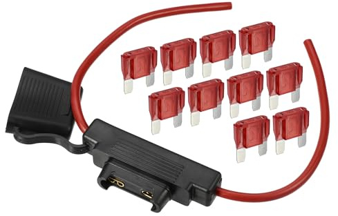 A ABSOPRO Sicherungshalter Für Klingen-Sicherungen 50A Wasserdicht | Für Auto, Schwarz, Rot, Metall, Kunststoff, 10 AWG, 32 Cm Kabellänge, 5 Mm Durchmesser, 1 Stk, 10 Stk Sicherungen