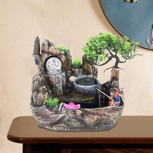Chynalys Wohnzimmer Wasserfall Steingarten Wasserbrunnen Dekor Ältere Menschen fischen Desktop Indoor Desktop-Brunnen Wasserfall Harz Steingarten Brunnen Zerstäuber rotierende Kugel Beleuchtung (F)