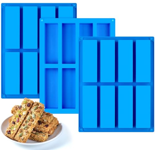 CLUEWR 3 PCS Granola Bar Mold, 8 Cavity Rectangle Silicone Bar Mold for Baking Chocolate/Candy/Protein/Energy Bar, Caramel, Truffle, Brownie, Cheesecake, Butter
