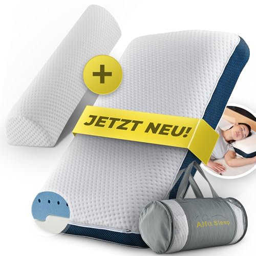 Alfa Sleep 2er Schlafset Orthopädisches Kopfkissen (12 cm Höhe, 60 x 35 cm) inkl. 2 Härtegraden & Kniekissen - Ergonomisches Nackenkissen aus Memory Foam, Seitenschläferkissen & Rückenschläferkissen