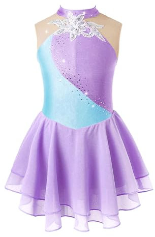 Rswnyirn Glitzer Mädchen Eiskunstlauf Kleid mit Strass Tanzkleid Latein Neckholder Kürkleid Rollkunstlauf Ballet Gymnastik Wettbewerb Rock Lavendel 122-128