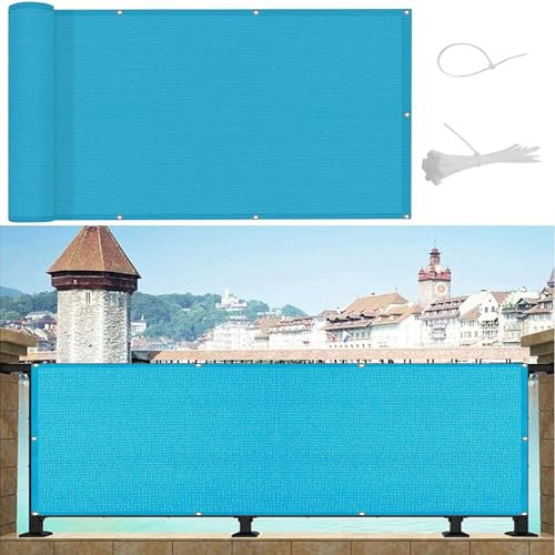 Balkon Sichtschutz Balkonumspannungen 115 x 650 cm Wind- Und Uv-Schutz Balkonverkleidung Balkonbespannung mit Kabelbinder Ohne Bohren für Balkongeländer, Terrasse, Blau