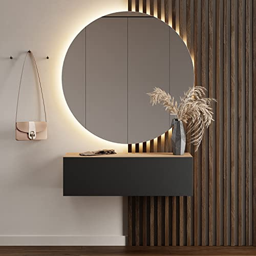 Planetmöbel Flurgarderobe 1x 100 cm | Spiegel rund mit Beleuchtung 100 cm, Gold Eiche - Anthrazit, Flur Möbel mit Spiegel, 37,8T x 100B x 32,5H cm