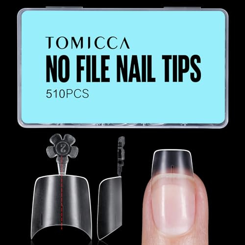 TOMICCA 510 stycken falska tips för gelnaglar, kort kvadrat, rund akryl, halv täckning, franska nageltips för gelnaglar, set för nagelstudior, gör-det-själv och nagelförlängning, 12 storlekar