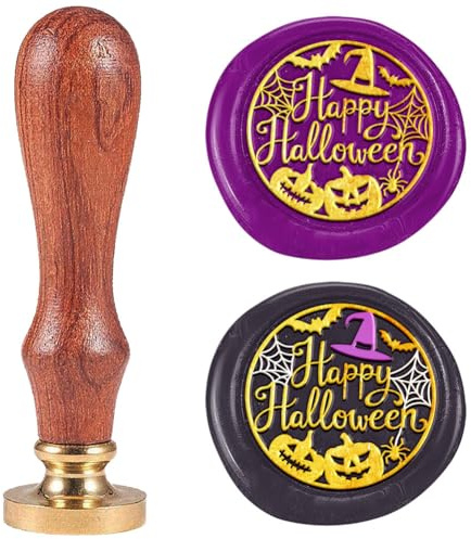 DELORIGIN Siegelstempel Mit Wachs Happy Halloween Vintage Siegelstempel 25mm Abnehmbarer Messingkopf Siegelstempel Mit Holzgriff Zum Verpacken von Halloween Geschenken