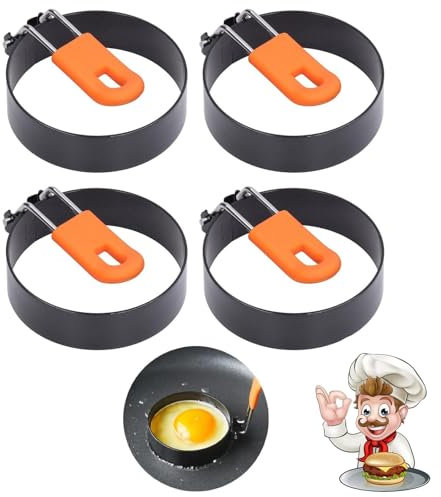 4 Stück Spiegeleierformen, Eierformer Edelstahl, Runde Pancake Form Egg Ring, Antihaft Omelettform mit Anti-Verbrühung Klappgriffen, Pfannkuchen Form für Omelette Mcmuffin Sandwiches Hackbraten
