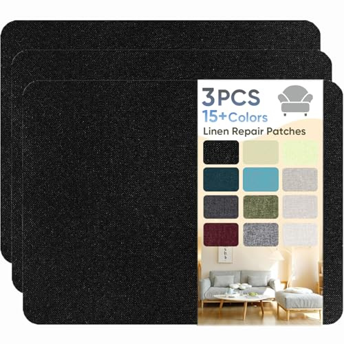 Flicken Selbstklebend Stoff, Leinen Reparatur Patches, Stoffe Reparatur, 20 x 28 cm Leinenstoff Patches Selbstklebend für Sofa, Bürostuhl, Autositze, Kopfteile, Vorhang - Schwarz (3 Stück)