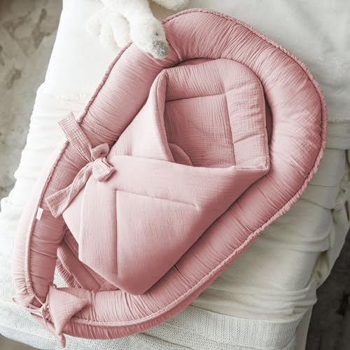 PaLulli® Set 2 in 1 per neonato e coperta avvolgente, 100% mussola per neonati, set paracolpi per neonati, per bambini e bambine (rosa)