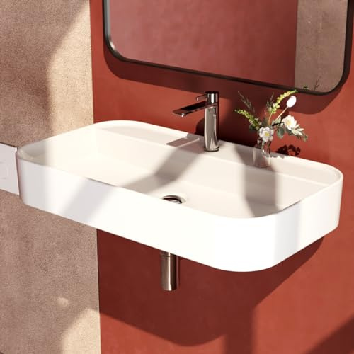 EMKE Lavabo Bagno da Appoggio e Sospeso 71 x 40 x 11 cm, Bianco Lucido | Lavandino Rettangolare in Ceramica con Angoli Curvi, Lavello Moderno Salvaspazio per Toilette - Senza Rubinetto e Piletta
