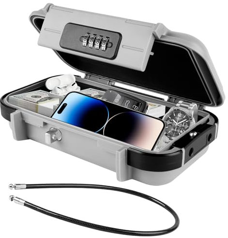 flintronic Portable Safe Box with Code, Combination Security Case Lock Box, Waterproof Anti-Theft Mini Travel Safe, Portable Lock Box with Removable Wire Rope for Beach, Cars, Office, Vacation
