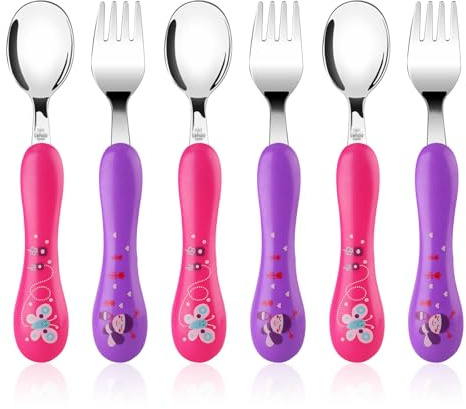 Lehoo Castle 6 Pieces Toddler Utensils, Kids Silverware for 2 3 4 Years Old, Stainless Steel Fork and Spoon Set with Plastic Handle, Safe Toddler Cutlery (Pink＆Purple)