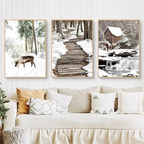 Uixxducc 3er Poster Set, Winter-Schneelandschaft Elch Holzhaus Bilder, Modern Weihnachtsdekoration Wandbilder Wohnzimmer Deko Schlafzimmer ohne Rahmen (30x40cm)