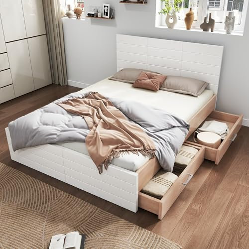 MSMOK Doppelbett Holzbett Bettanlage mit 2 Schubladen,Modernes Bett inkl. Bettgestell &Lattenrost Set in Eiche/Weiß(Ohne Matratze) (180x200cm)