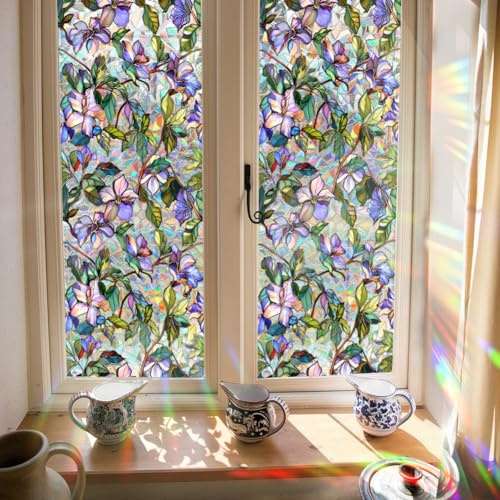 GORGECRAFT 100x43cm Große Fensterfolie Aus Buntglas 3D Regenbogen Dekorative Fensteraufkleber Nicht Klebend Wärmeregulierend UV Vinyl Sonnenblockierende Fensteraufkleber UV Beständiger Aufkleber Für Z