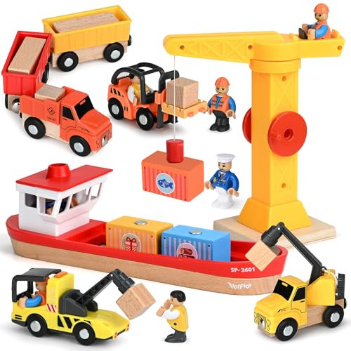 Vanplay Wooden Construction Toys for 3 4 5 Year Olds Boys, Magnetic Port Transport Scene Set - Boat, Tower Crane, Dump Truck, Trailer & Forklift, Boys Toys Gift for Kids Toddler