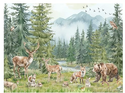 Fototapete Kinderzimmer, Wald, Waldtiere Bäume, Fluss, Bär, Berge, Reh, Kiefer, Tapeten für Kinder Babyzimmer Vlies Tapeten wandtapete Mädchen und Jungen. Tapete nach Maß 1m2