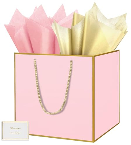 HONTIUS 11.8 Quadratische Geschenktüten, Geschenktüten Groß Geschenktüte xxl mit Taschentuch und Karten, Rosa Goldene Linie Geschenk Tüte Papiertüten mit Henkel 30 * 30 * 30cm Gift Bag Bags 1 Stück