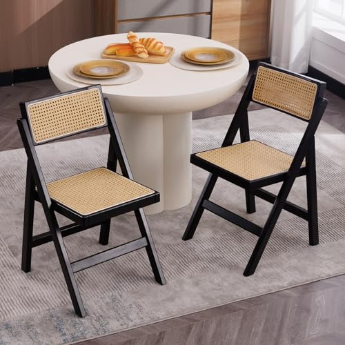 Ya-Home 2er Set Esszimmerstühle Holz Klappstühle Rattan klappbar Küchenstühle ohne Armlehne Vintage Akzentstühle Gartenstühle für Esszimmer/Küche/Balkon, Schwarz