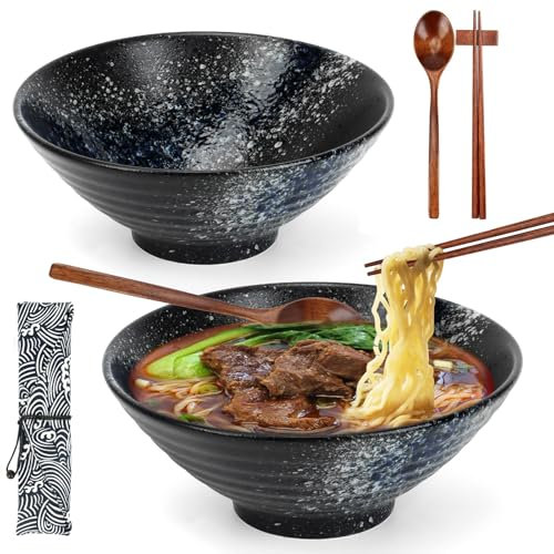 Topsky 2-Pack Ceramic Ramen Bowl Set, 1000ml Japanese Noodle Bowls with Wooden Chopsticks & Spoons, Microwave & Dishwasher Safe, for Ramen, Salad, Pasta, Cereal & Soup (Moonlight Blue)