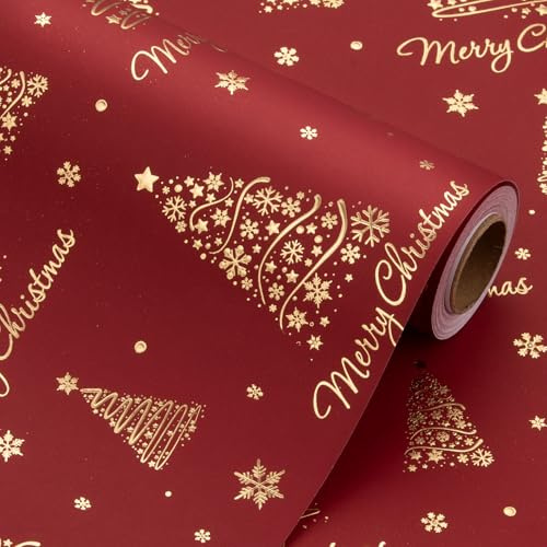 Wikadlik Rotes Geschenkpapier, geprägter goldener Weihnachtsbaum, niedliche Schneeflocke, Geschenkpapier, Mini-Rolle für Weihnachten, Winter, Urlaubsfeier – 43 cm x 10 m